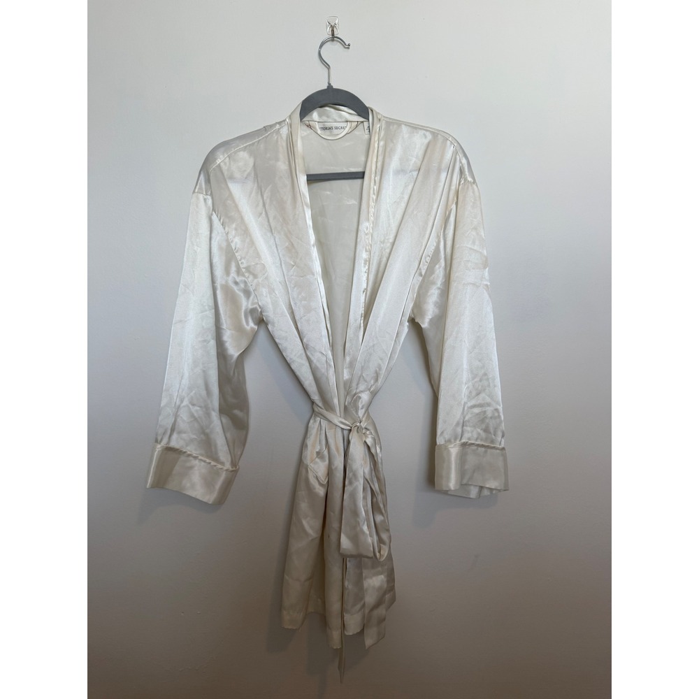 Victoria's Secret Ivory Satin Robe One Size Cream Silky Wrap Kimono Sleepwear